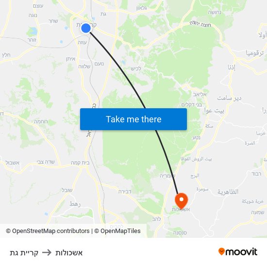 קריית גת to אשכולות map