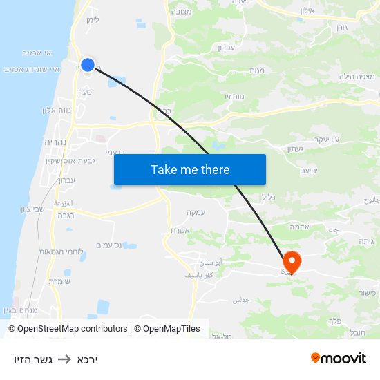 גשר הזיו to ירכא map