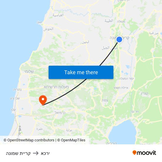 קריית שמונה to ירכא map