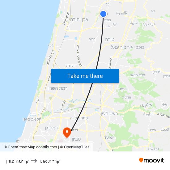 קדימה-צורן to קריית אונו map