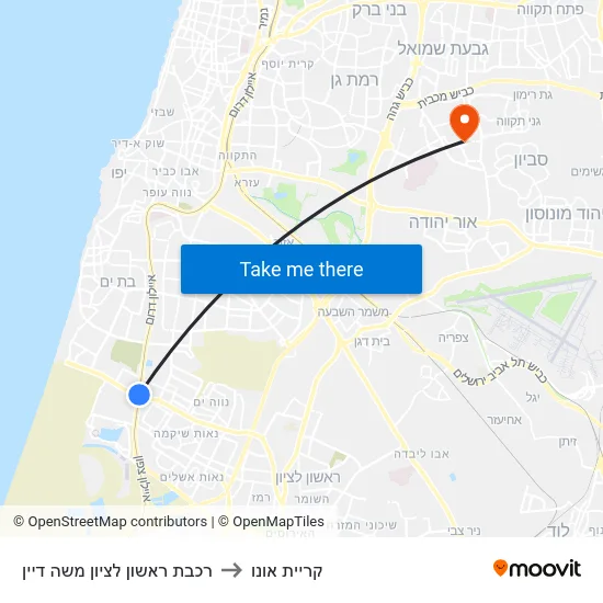 רכבת ראשון לציון משה דיין to קריית אונו map