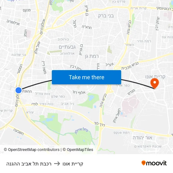 רכבת תל אביב ההגנה to קריית אונו map