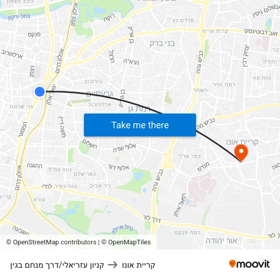 קניון עזריאלי/דרך מנחם בגין to קריית אונו map