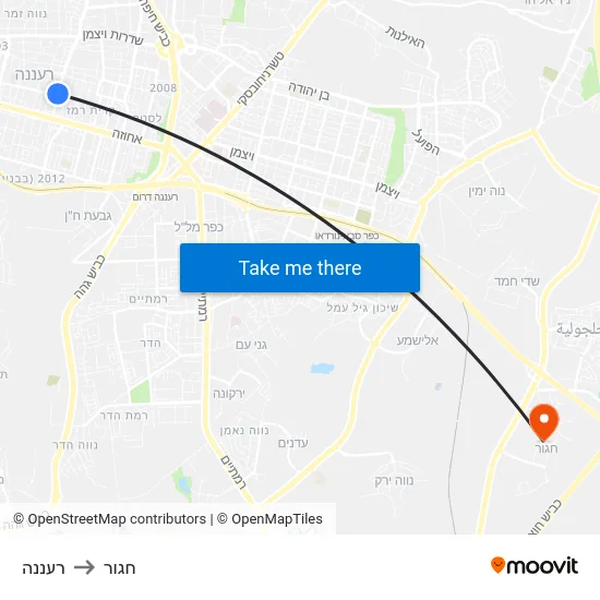 רעננה to חגור map
