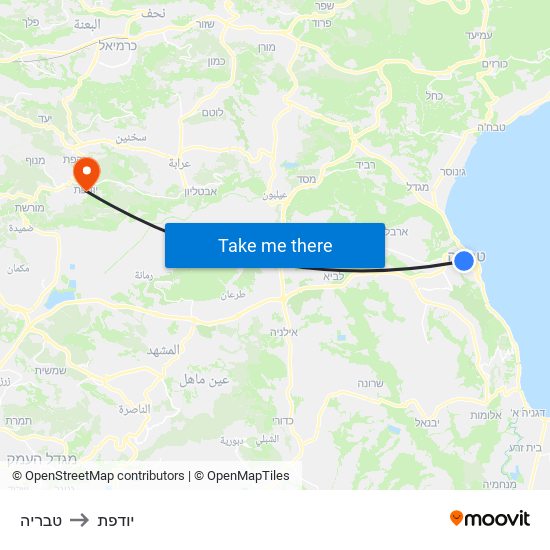 טבריה to יודפת map