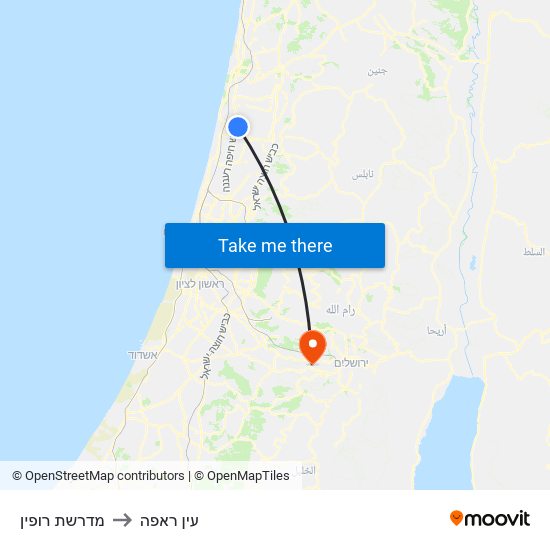 מדרשת רופין to עין ראפה map