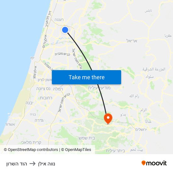 הוד השרון to נווה אילן map