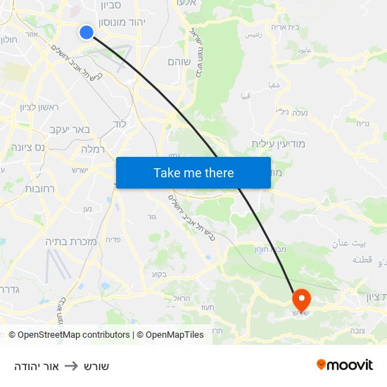 אור יהודה to שורש map