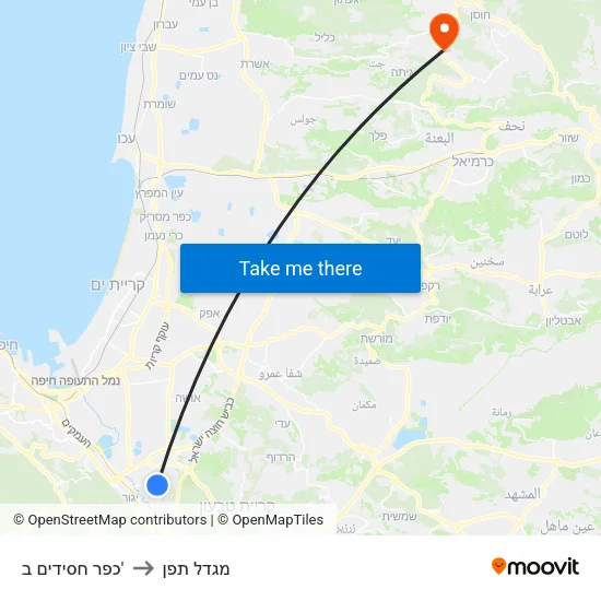 כפר חסידים ב' to מגדל תפן map