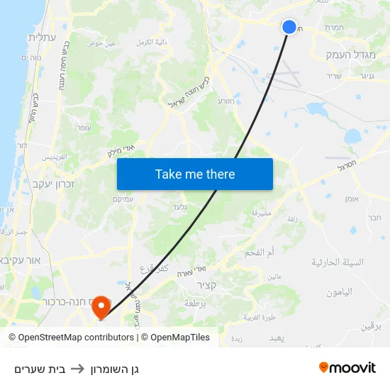 בית שערים to גן השומרון map