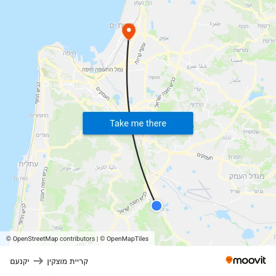 יקנעם to קריית מוצקין map