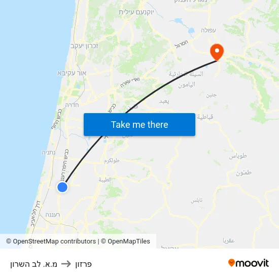 מ.א. לב השרון to פרזון map