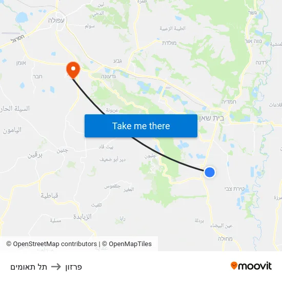 תל תאומים to פרזון map