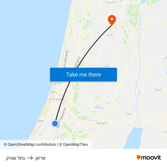 נחל שורק to פרזון map