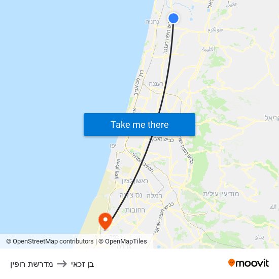 מדרשת רופין to בן זכאי map