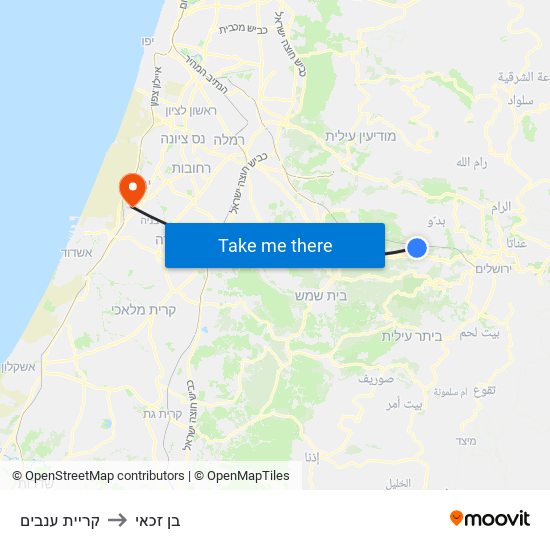 קריית ענבים to בן זכאי map