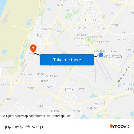 קריית עקרון to בן זכאי map