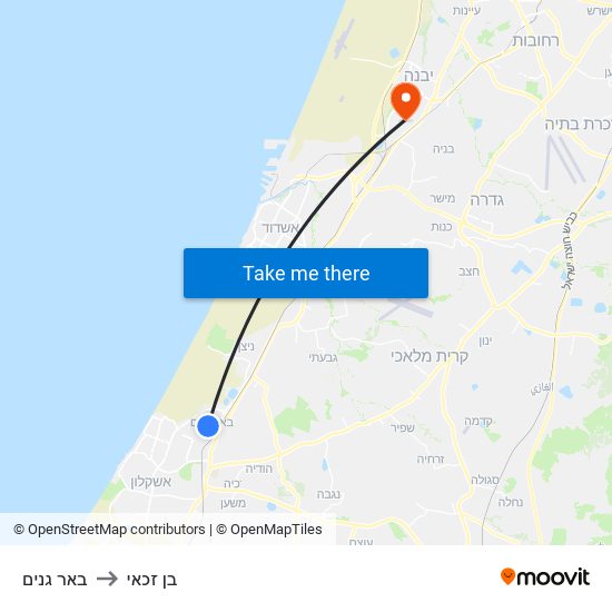 באר גנים to בן זכאי map