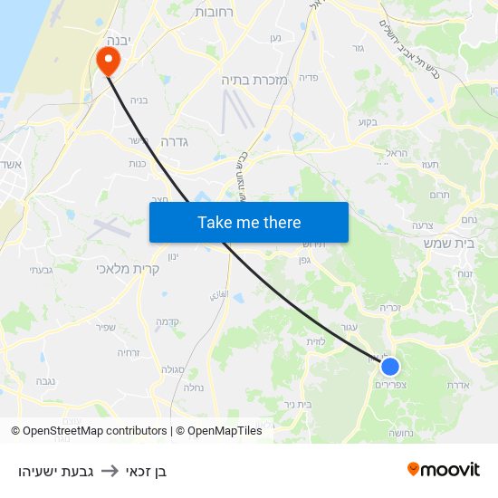 גבעת ישעיהו to בן זכאי map