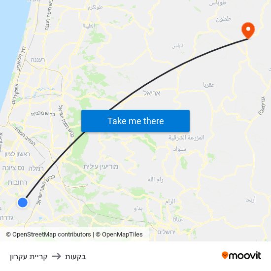 קריית עקרון to בקעות map