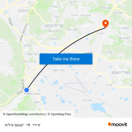 יקנעם עילית to זרזיר map