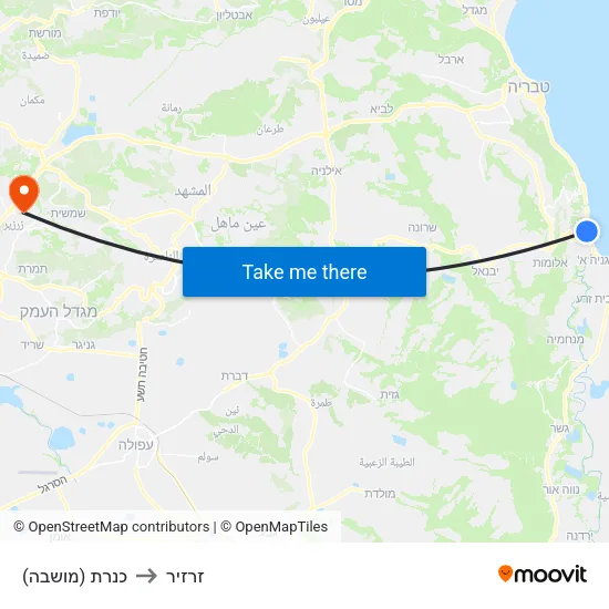 כנרת (מושבה) to זרזיר map