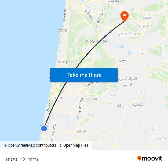 נתניה to זרזיר map