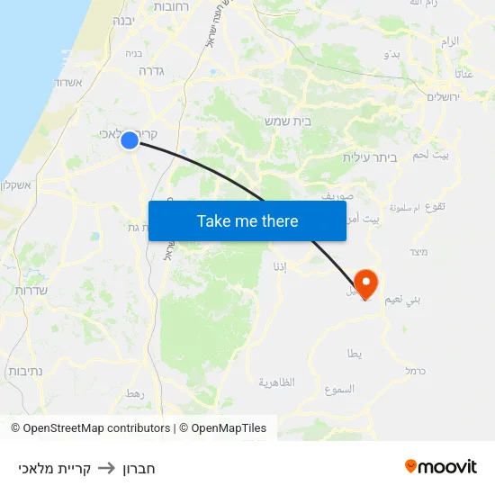 קריית מלאכי to חברון map