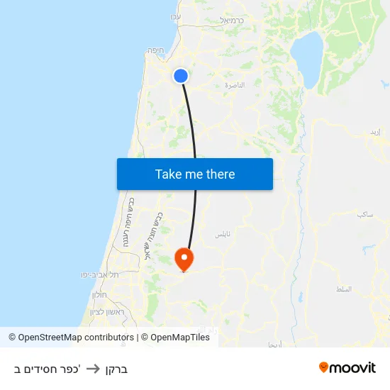 כפר חסידים ב' to ברקן map