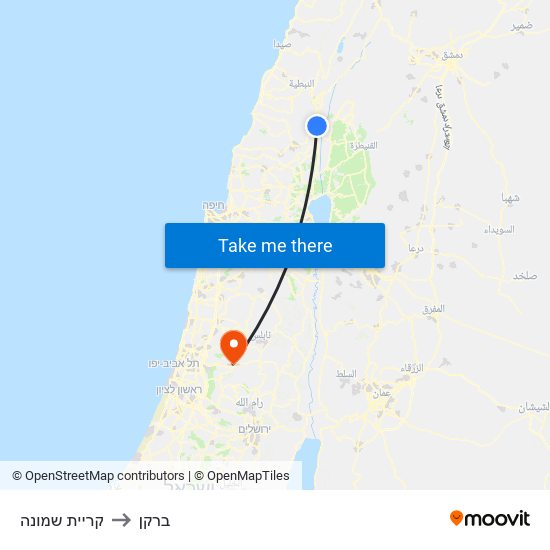 קריית שמונה to ברקן map