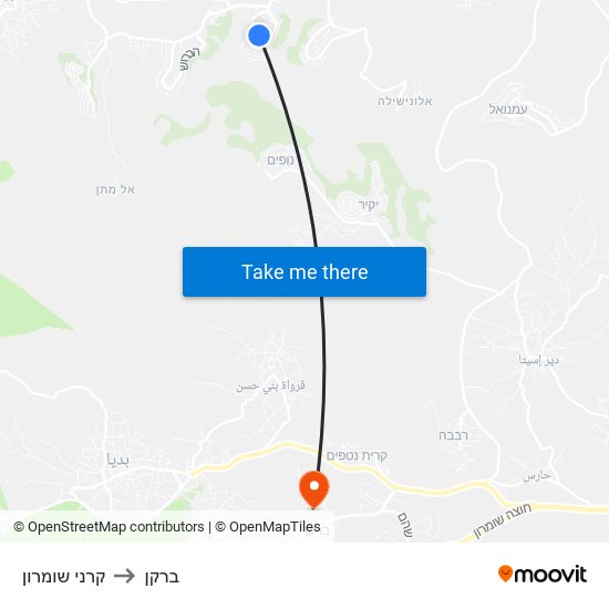 קרני שומרון to ברקן map