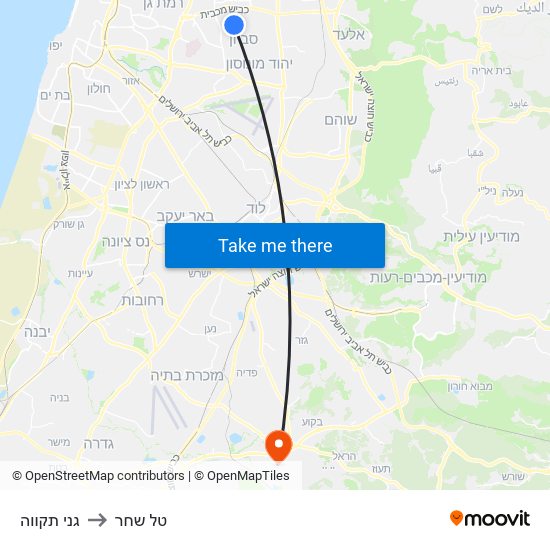 גני תקווה to טל שחר map