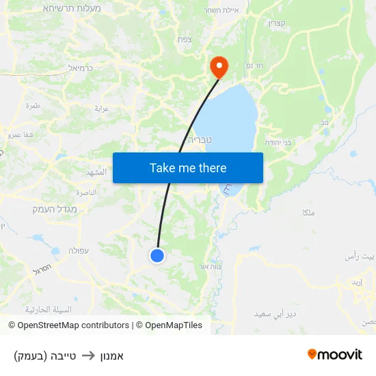 טייבה (בעמק) to אמנון map