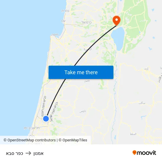 כפר סבא to אמנון map