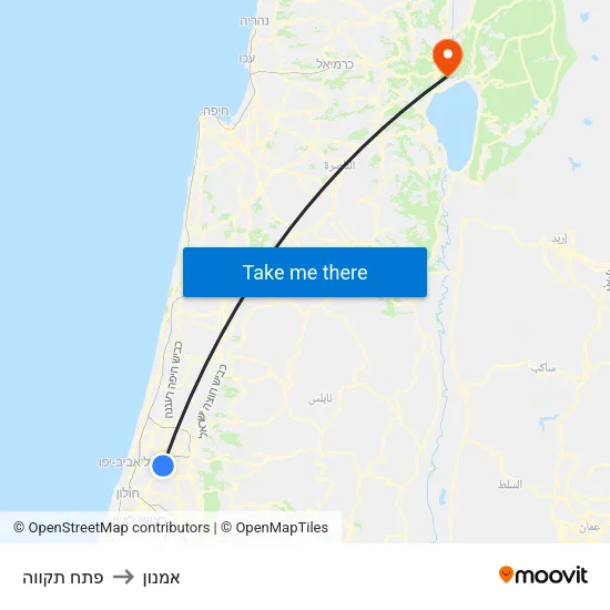פתח תקווה to אמנון map