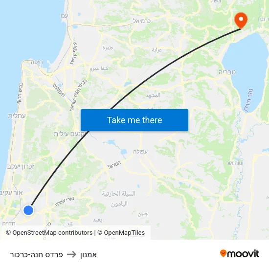 פרדס חנה-כרכור to אמנון map