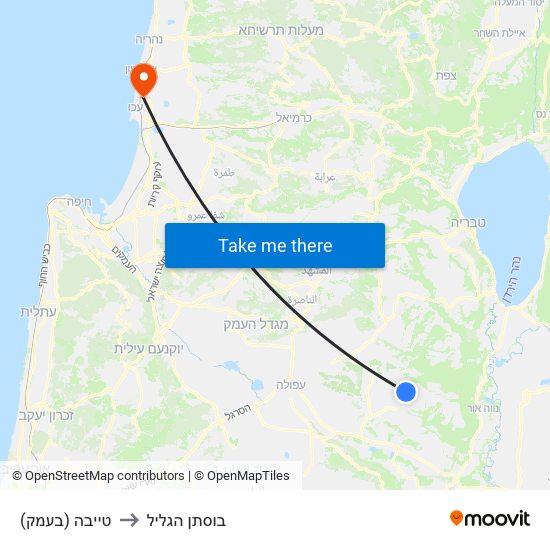טייבה (בעמק) to בוסתן הגליל map