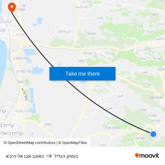 כאוכב אבו אל-היג'א to בוסתן הגליל map