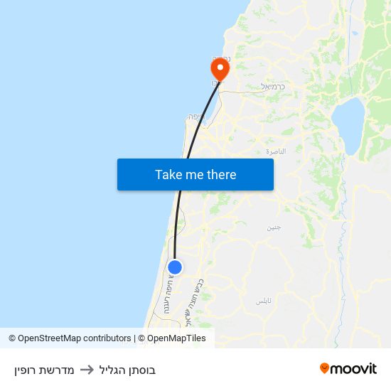 מדרשת רופין to בוסתן הגליל map