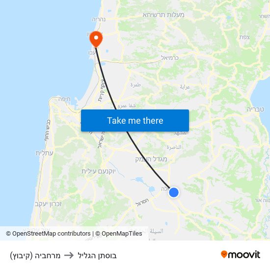 מרחביה (קיבוץ) to בוסתן הגליל map