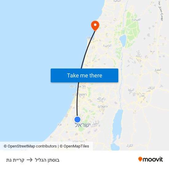 קריית גת to בוסתן הגליל map