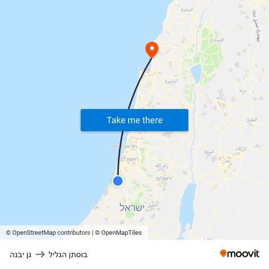 גן יבנה to בוסתן הגליל map