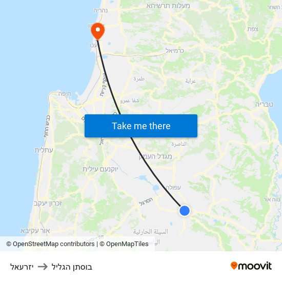 יזרעאל to בוסתן הגליל map