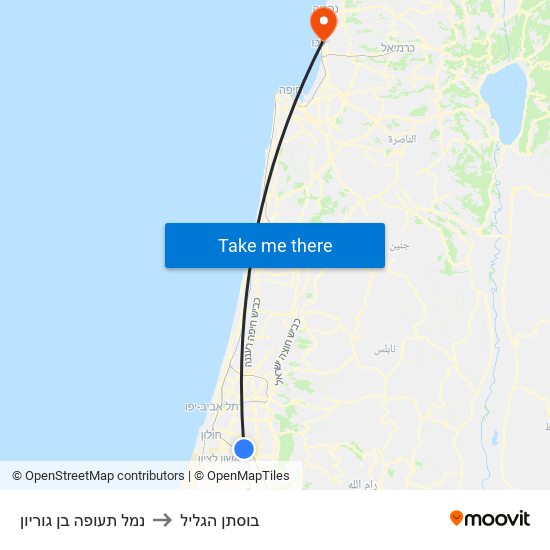 נמל תעופה בן גוריון to בוסתן הגליל map