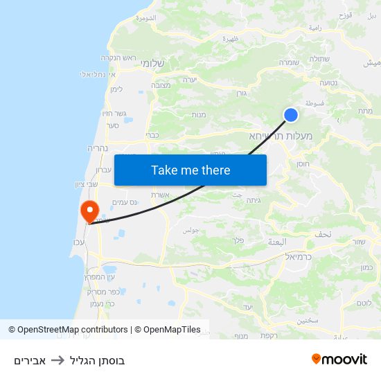 אבירים to בוסתן הגליל map