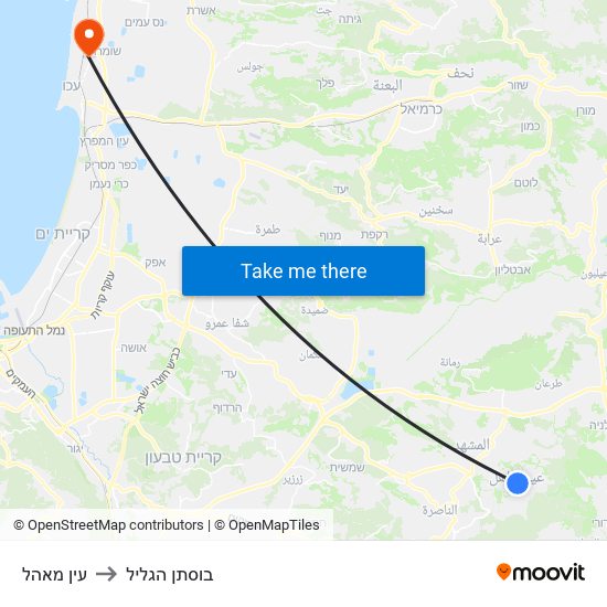 עין מאהל to בוסתן הגליל map
