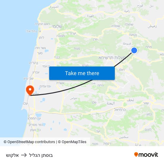 אלקוש to בוסתן הגליל map