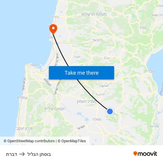 דברת to בוסתן הגליל map