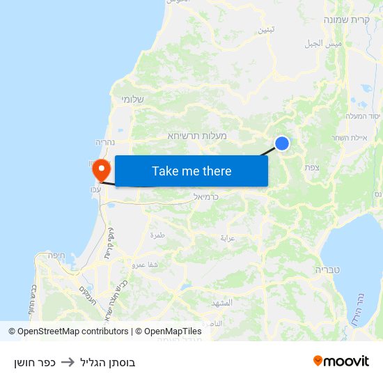כפר חושן to בוסתן הגליל map