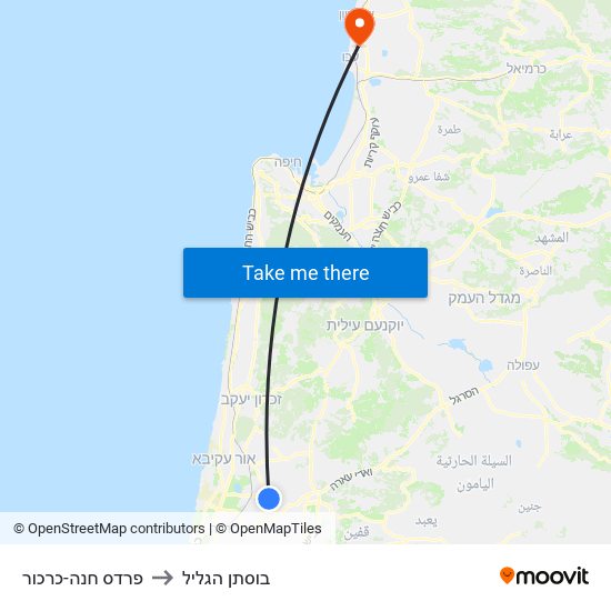 פרדס חנה-כרכור to בוסתן הגליל map